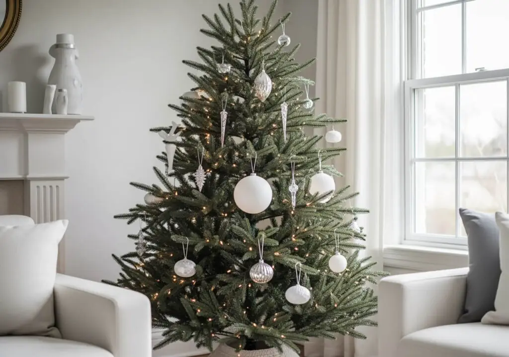 Green Christmas tree decorated with white and silver minimalist ornaments.