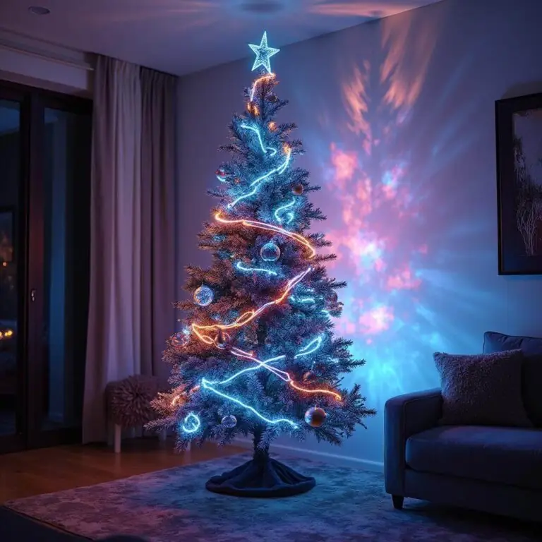 Slim Christmas tree with blue and orange neon lights and glowing star topper.