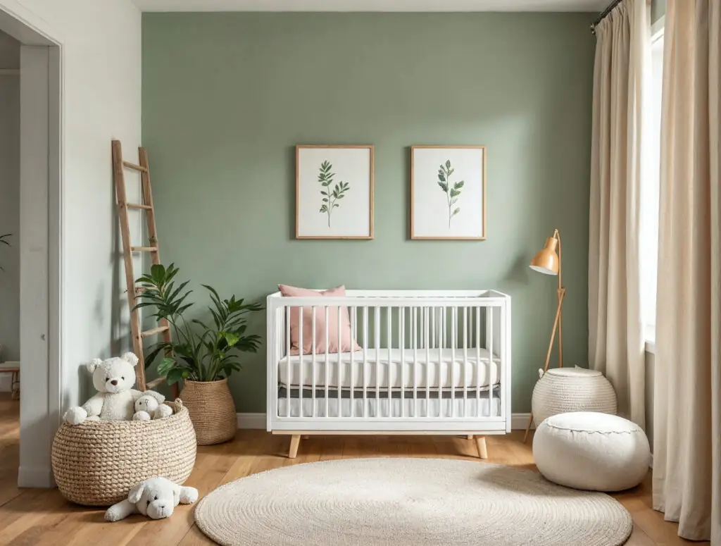 Bright nursery with a white crib against a muted green accent wall and round jute rug.