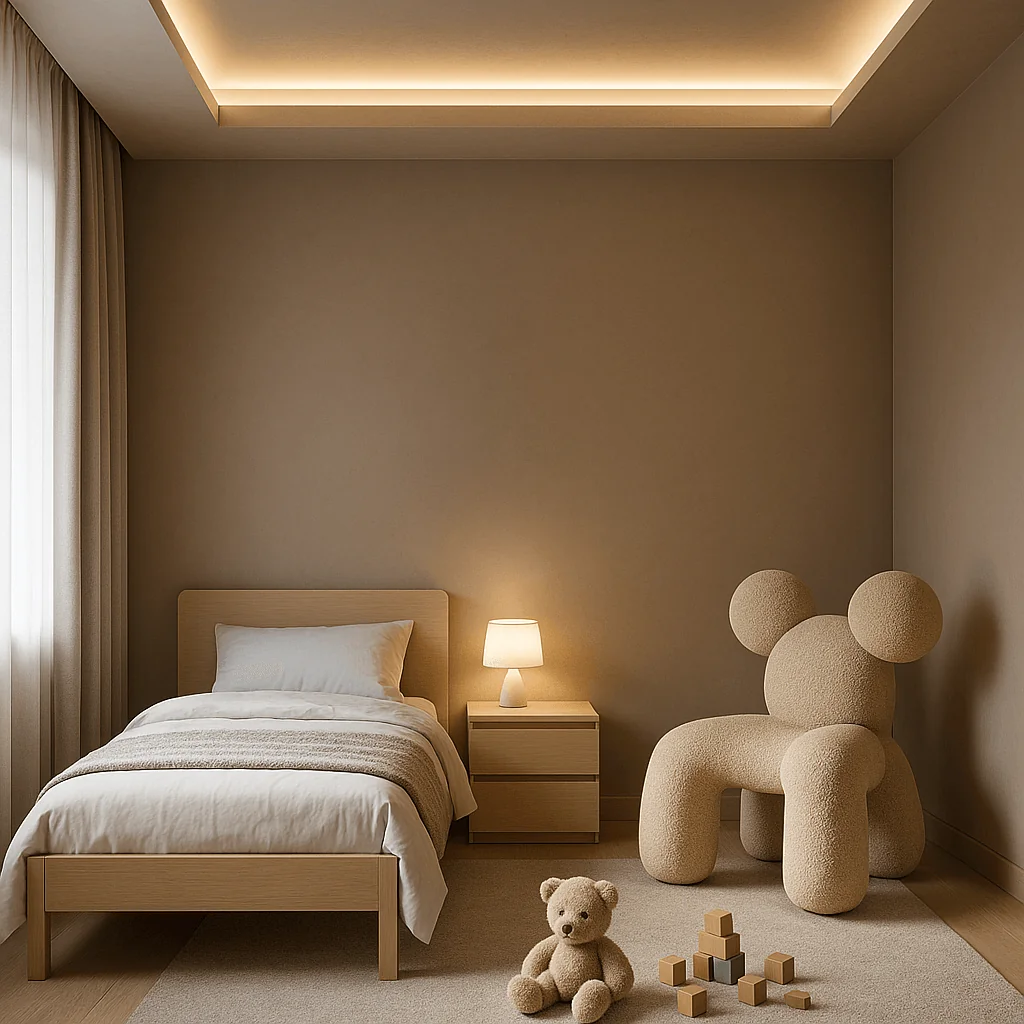 Une chambre d'enfant minimaliste avec un lit simple, des murs taupe, un grand fauteuil en forme d'ours en peluche et un faux plafond avec éclairage intégré.
