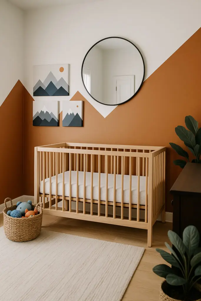 Beechwood crib against a terracotta and white geometric mountain accent wall.