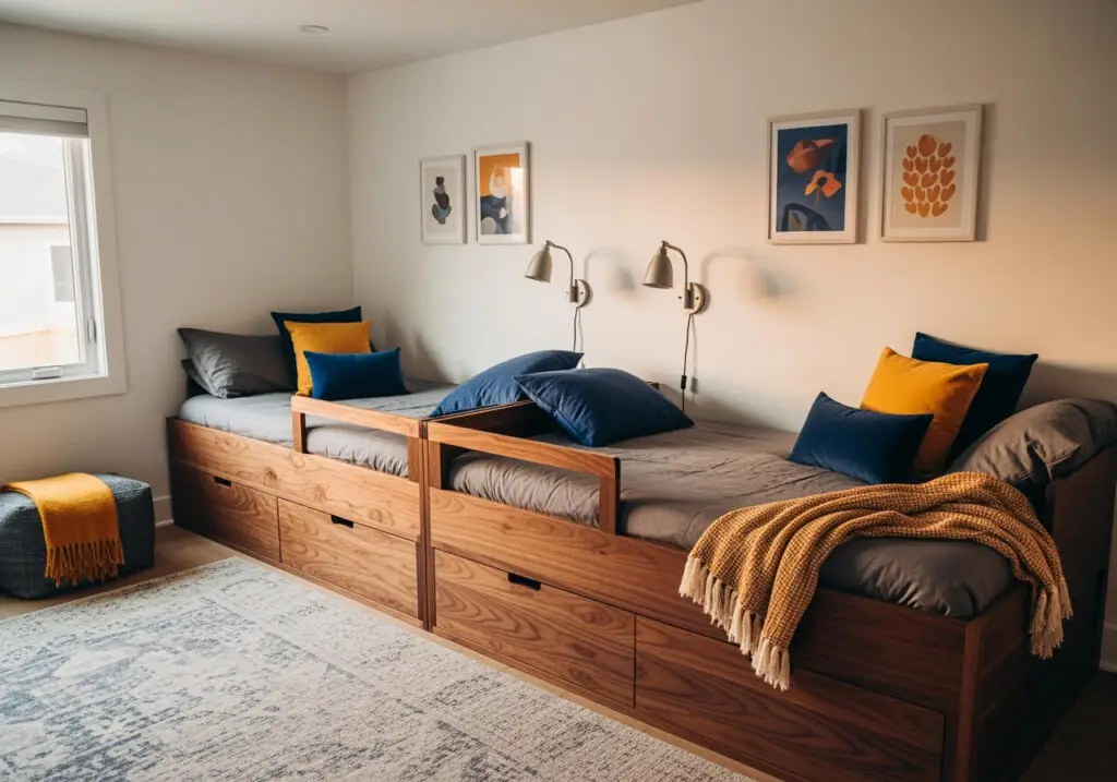Lit plateforme en noyer avec tiroirs pour chambre d'enfants partagée.