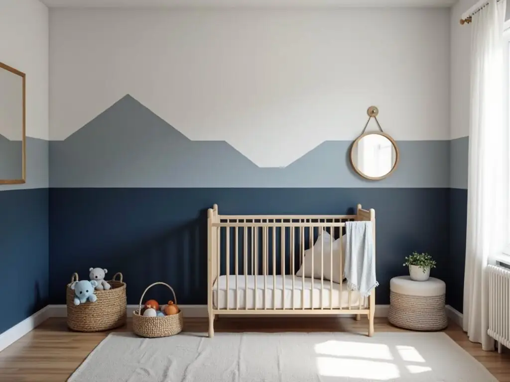 Beechwood crib against a modern navy and slate two-tone geometric wall.