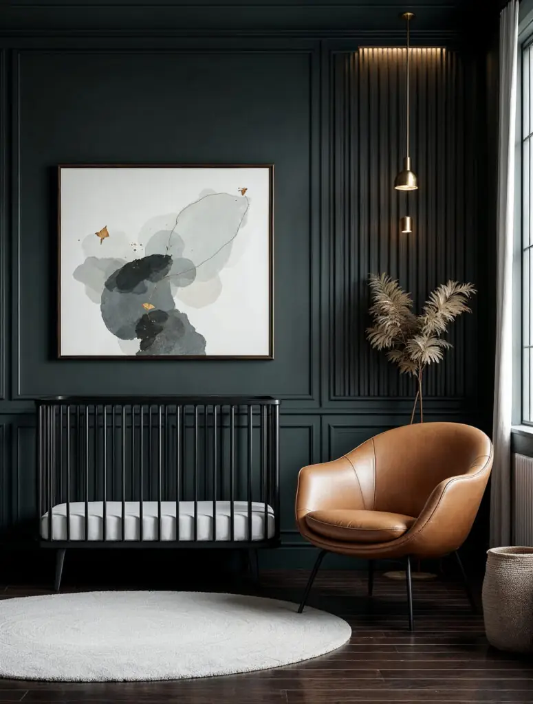 Dark emerald nursery with a black crib, tan leather accent chair, and brass pendant light.
