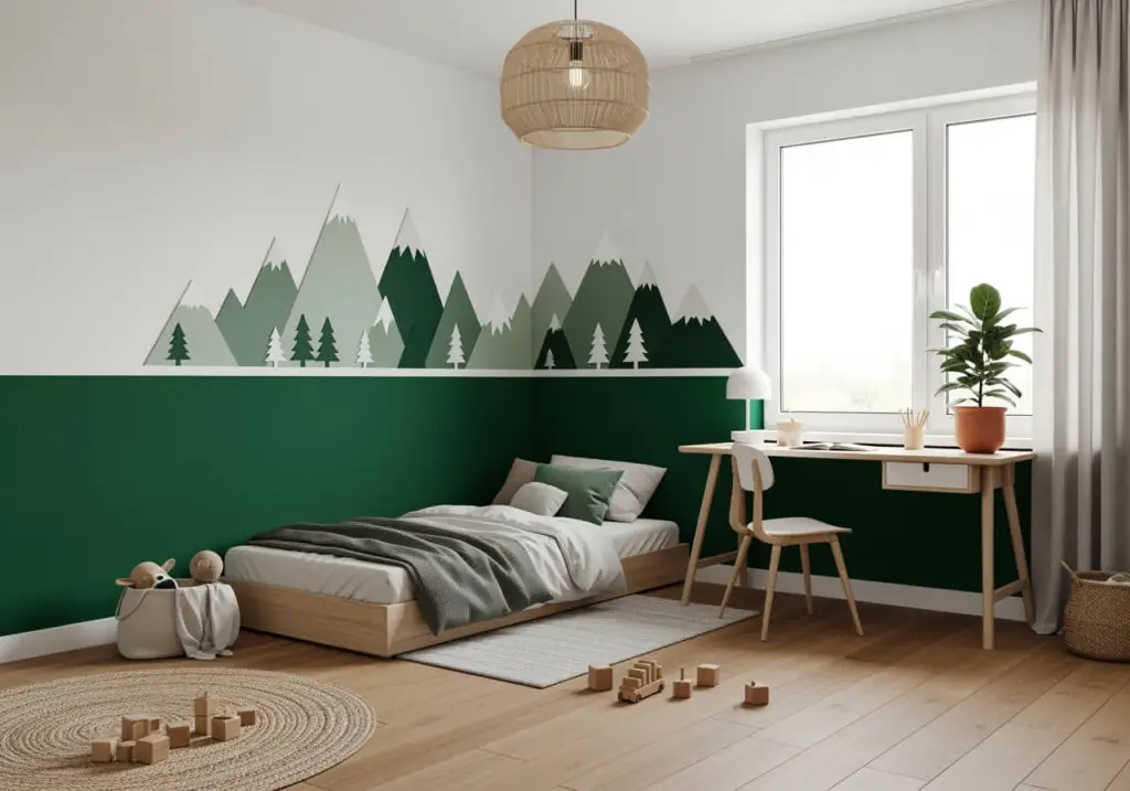 Mur vert forêt, fresque murale montagne, chambre d'enfant contemporaine.