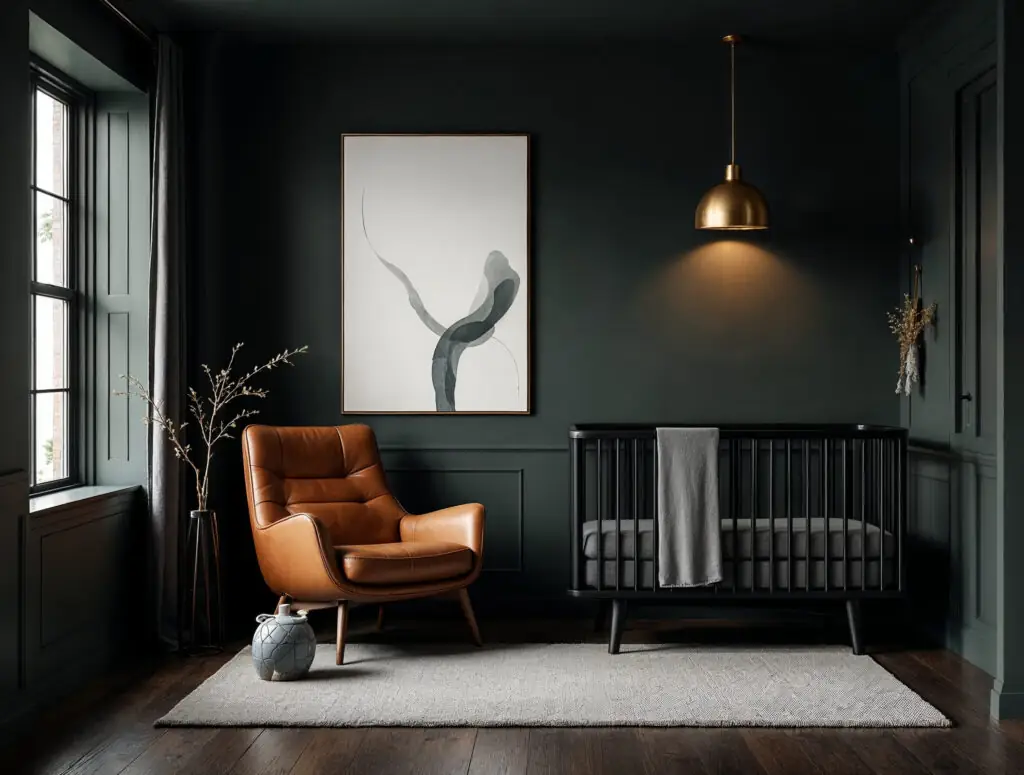 Dark green nursery with a black metal crib, tan leather chair, and abstract wall art.