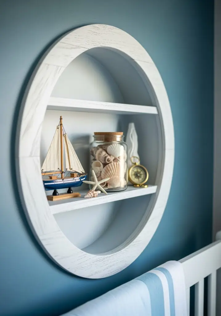 Round white wall shelf above a crib displaying a sailboat, seashells, and a brass compass.