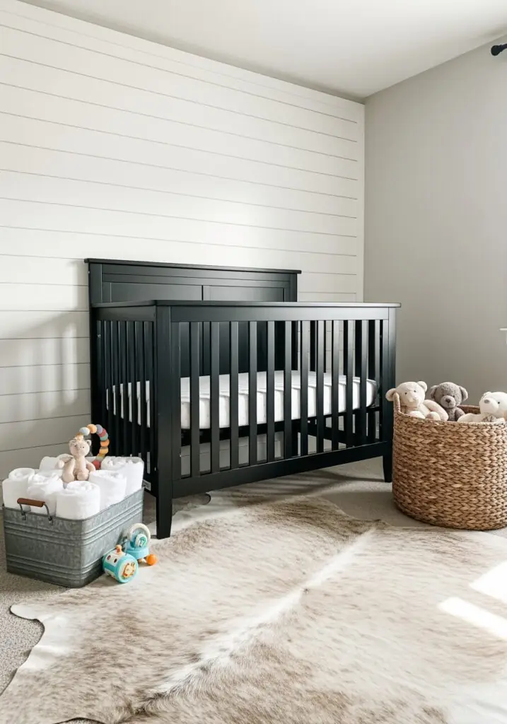 Neutral nursery with a black wooden crib against a shiplap accent wall.