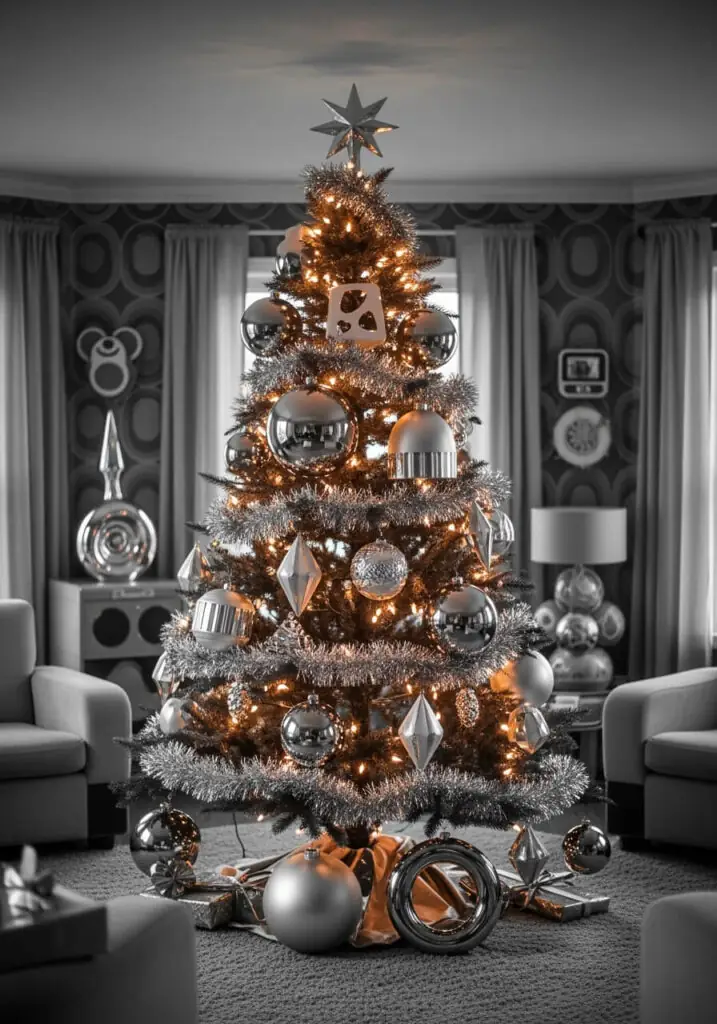 Christmas tree with silver tinsel and metallic ornaments in a black and white room.