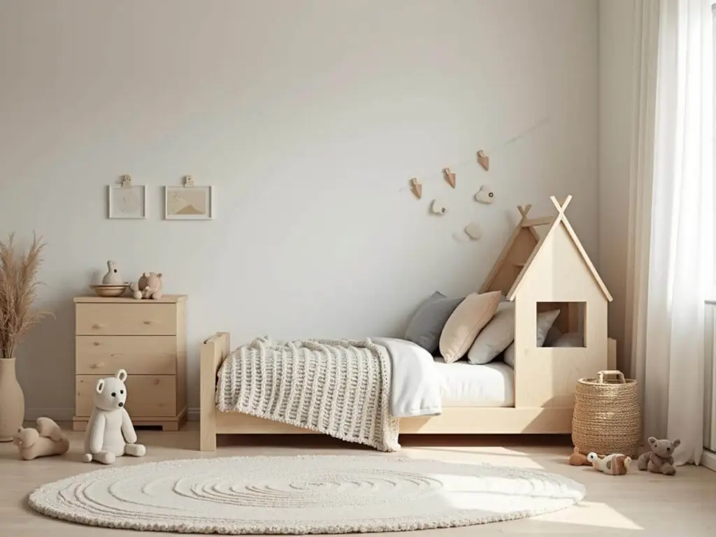 Chambre d'enfant minimaliste, lit cabane en bois, textures tricotées.