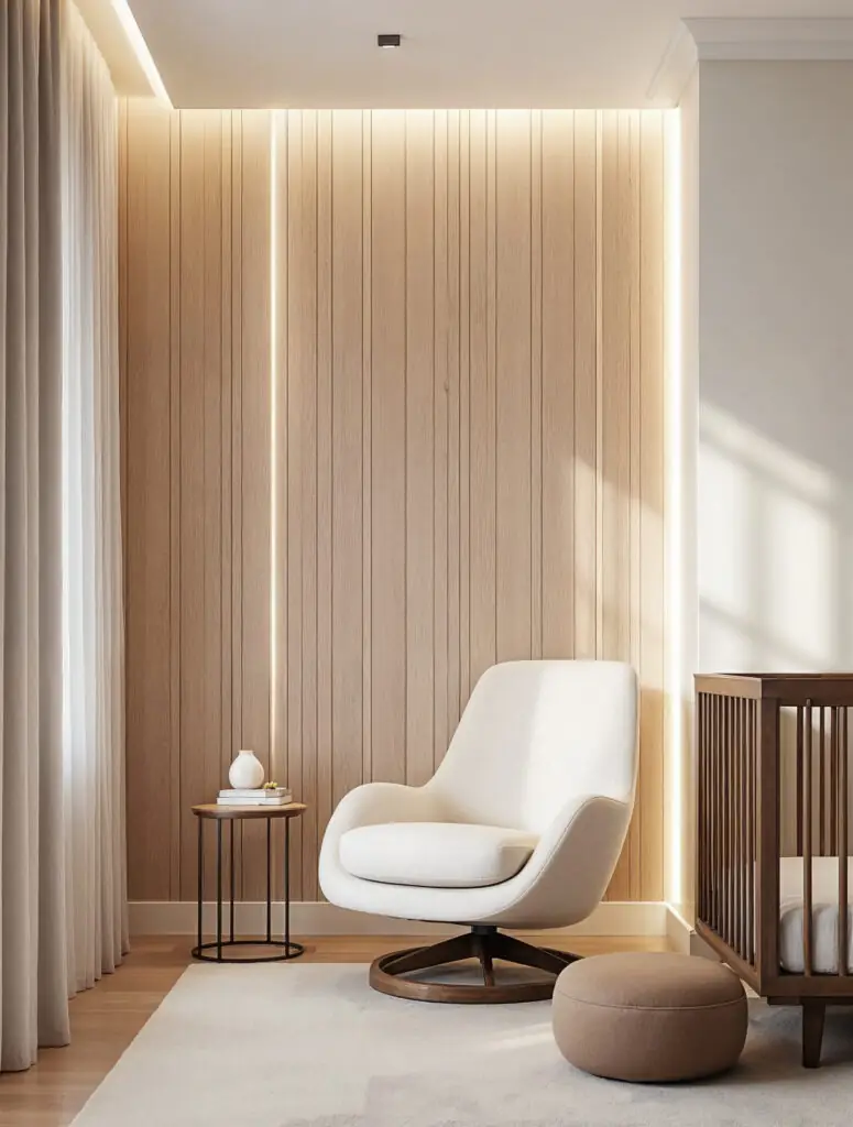 Scandinavian nursery with beechwood crib, cream glider, and wood-paneled accent wall.