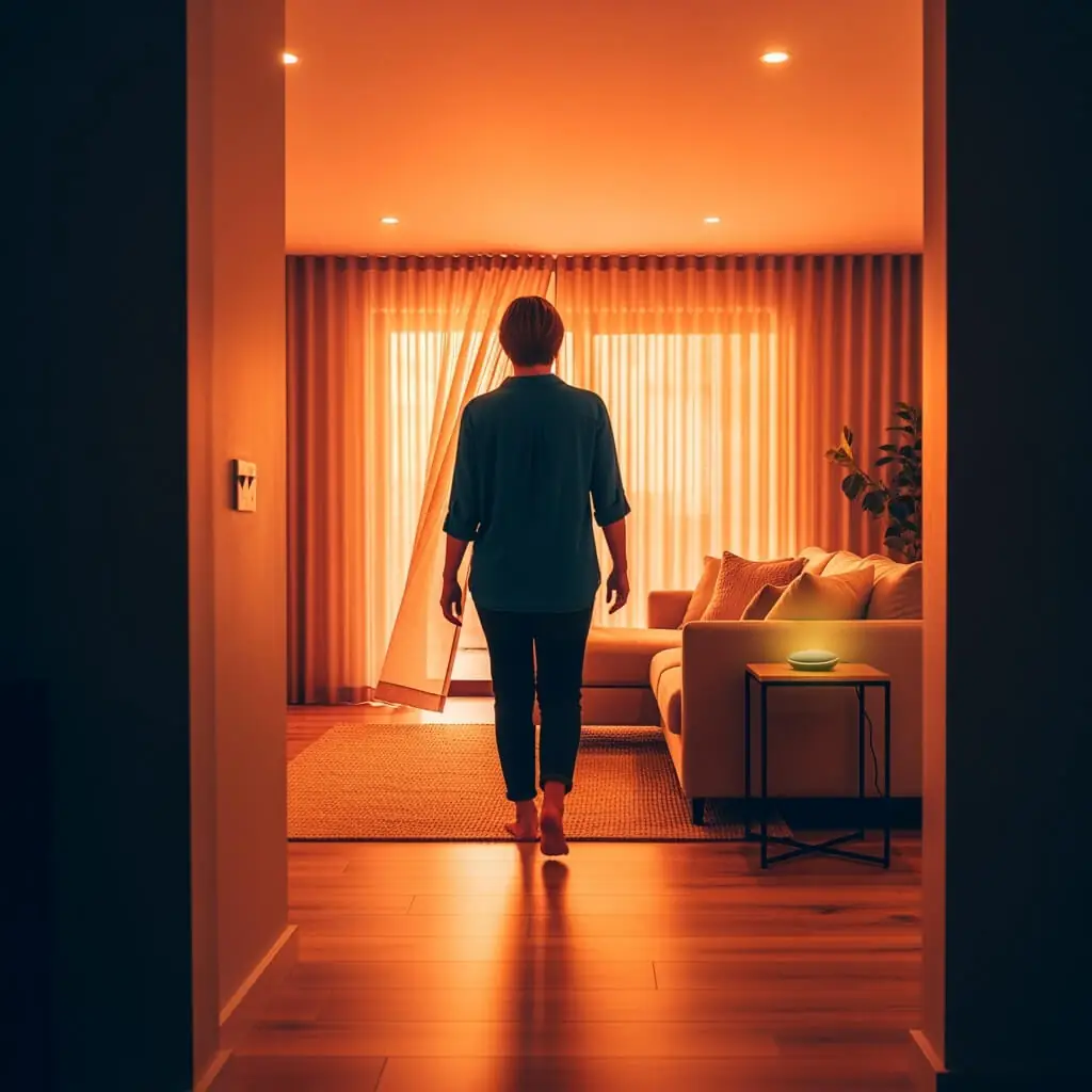 Personne entrant dans un salon alors que les lumières s’éclairent et que les rideaux se tirent automatiquement, avec un assistant vocal lumineux.