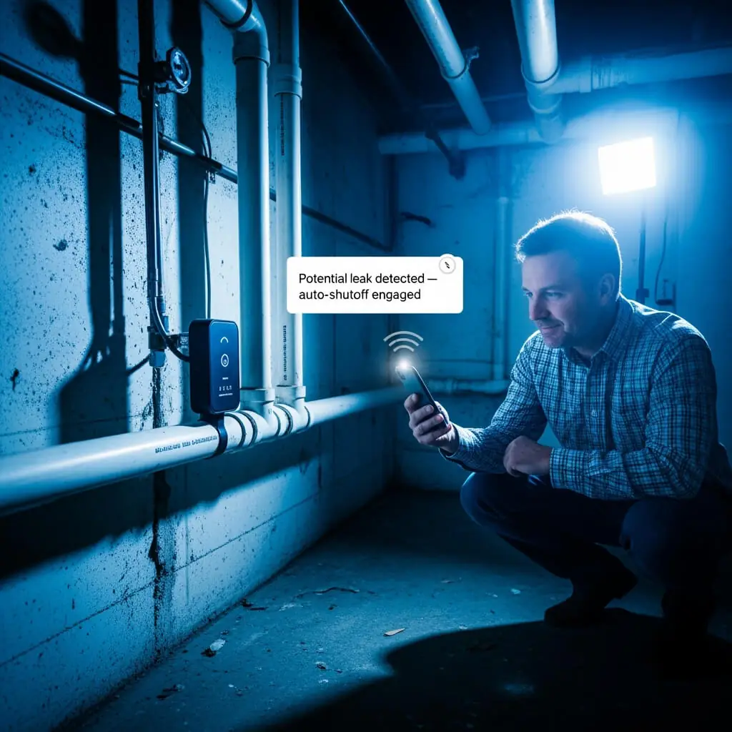Propriétaire regardant une notification sur smartphone concernant une fuite détectée et un arrêt automatique activé par un capteur de tuyau.