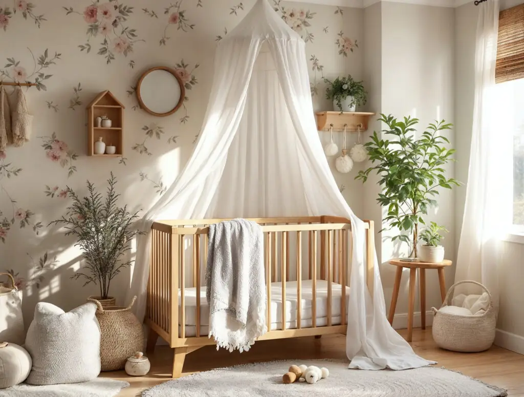 Sunlit nursery with a beechwood crib, flowing canopy, floral wallpaper, and natural baskets.
