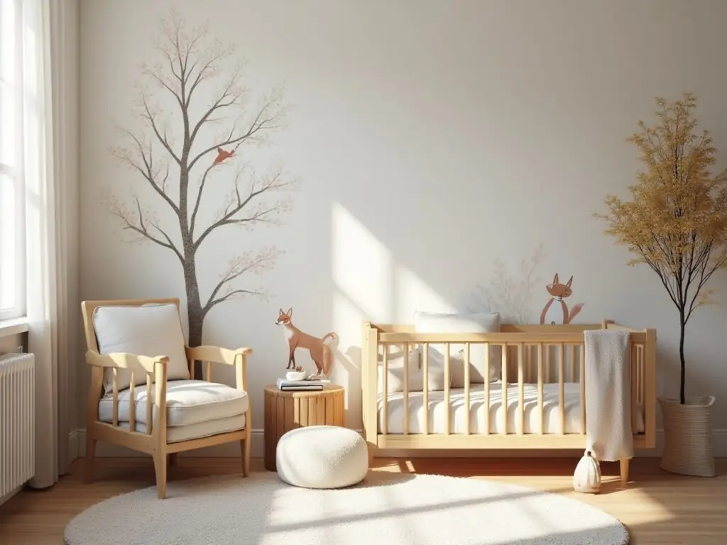 Sunlit woodland nursery with tree mural, comfy armchair, and round white rug.