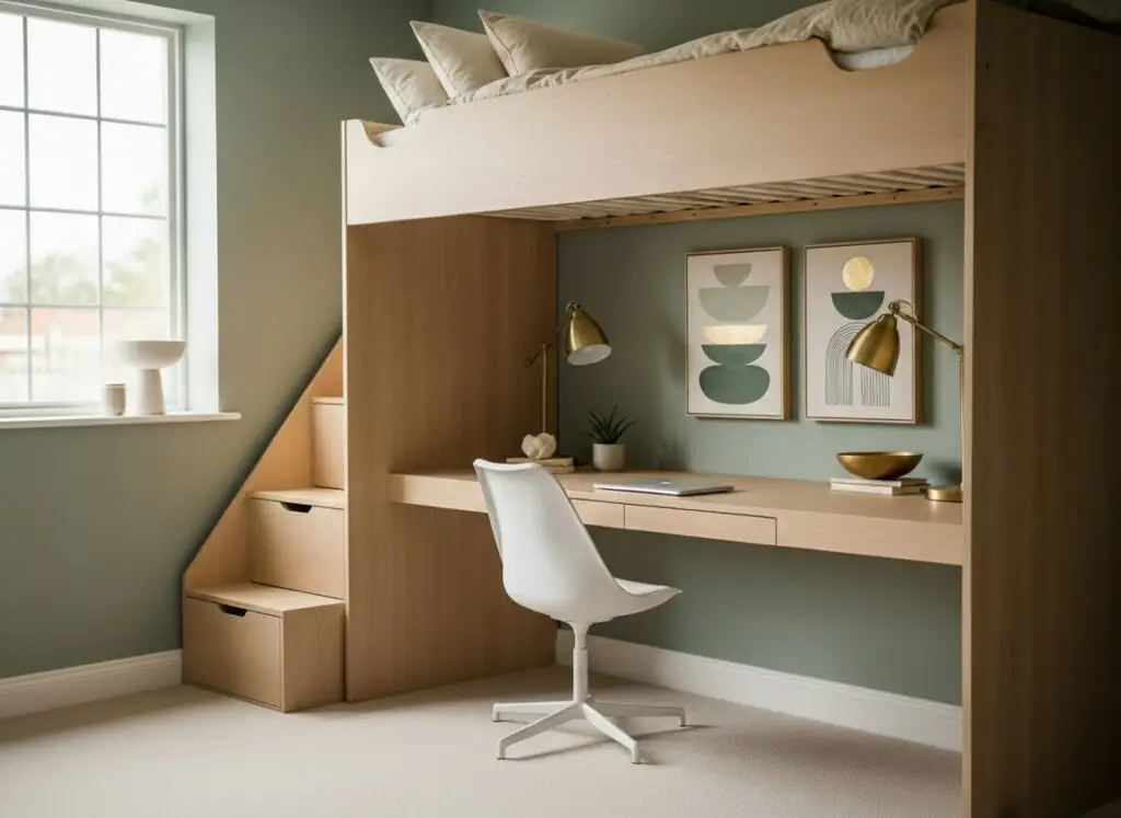 Mur bicolore vert sauge, bois naturel, couleurs apaisantes pour une chambre d'enfant.