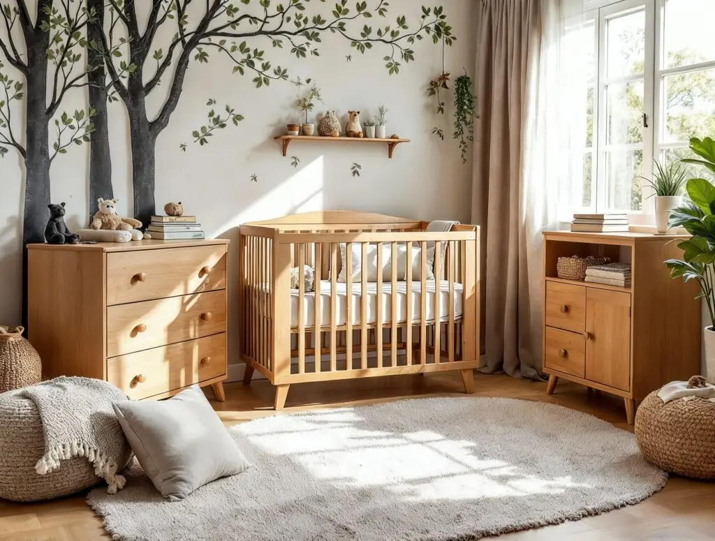 Sunlit woodland nursery with beechwood crib, leafy wall decal, and plush teddy bears.