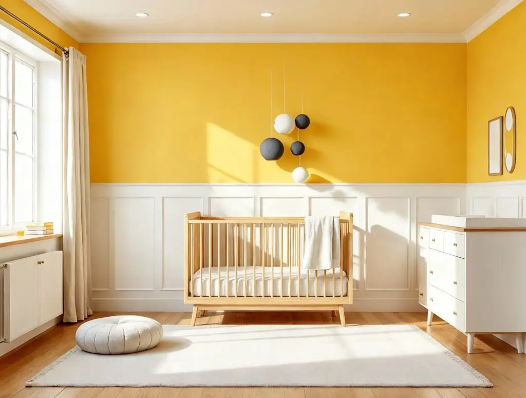 Minimal nursery with beechwood crib against a warm yellow wall, white dresser, and geometric mobile.