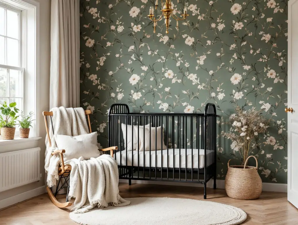 Black metal crib against floral green wallpaper with a beechwood rocking chair.