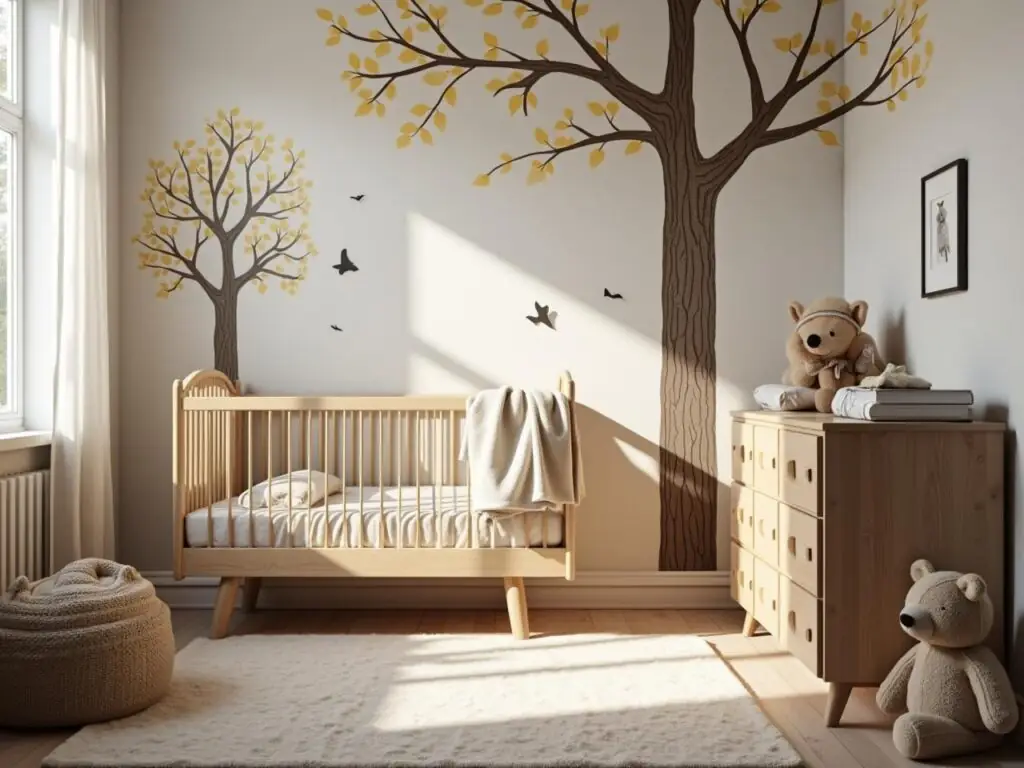 Sunlit nursery with beechwood crib against a painted tree mural with yellow leaves.
