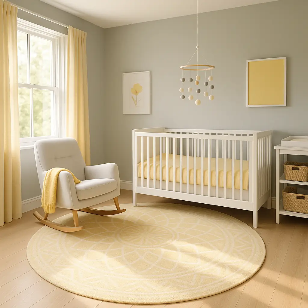 Sunlit nursery with beechwood crib against a soft yellow wall and sleek white changing dresser.