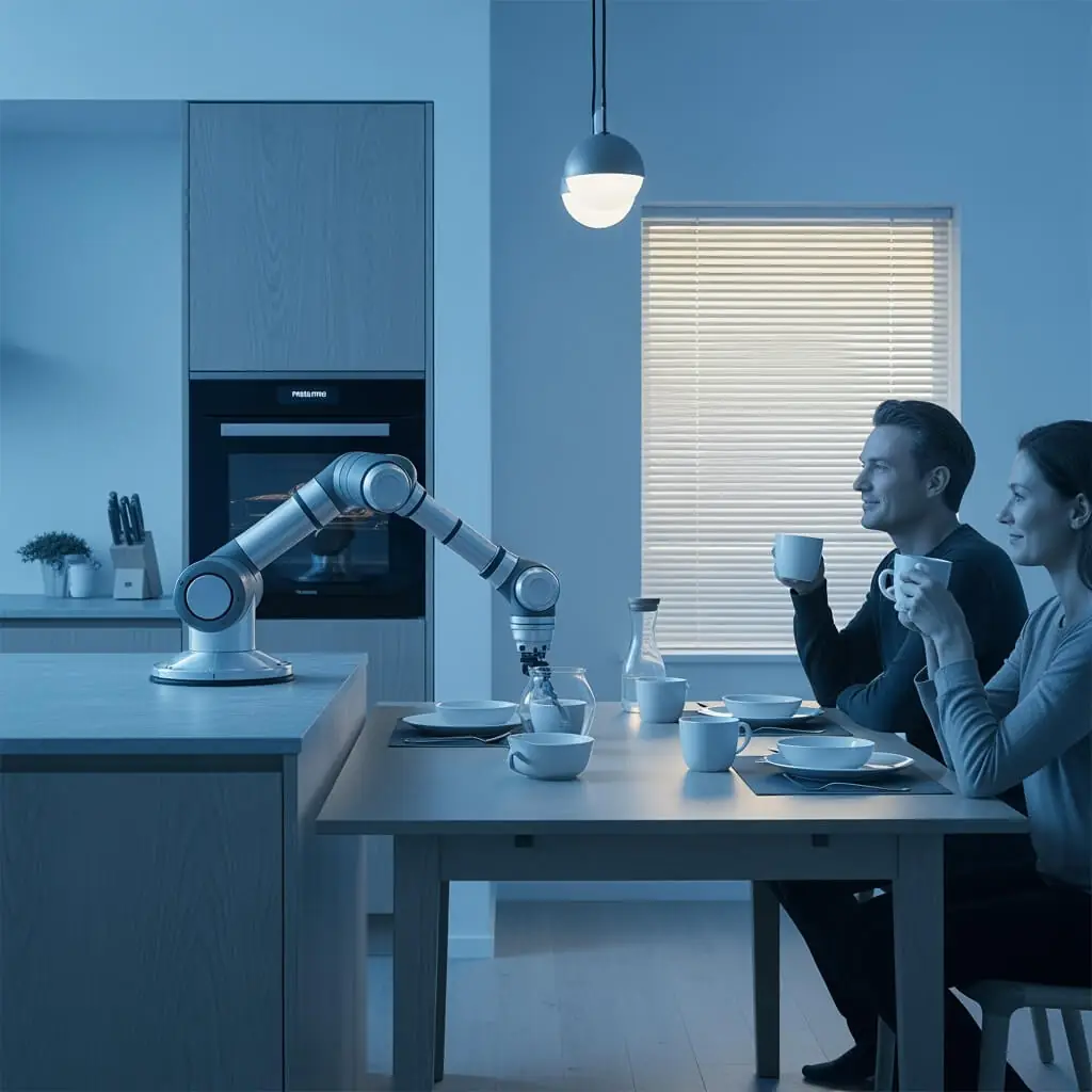 Des gens se détendent et dégustent un café dans une maison où des robots mettent la table de manière autonome et où les stores s'ajustent.