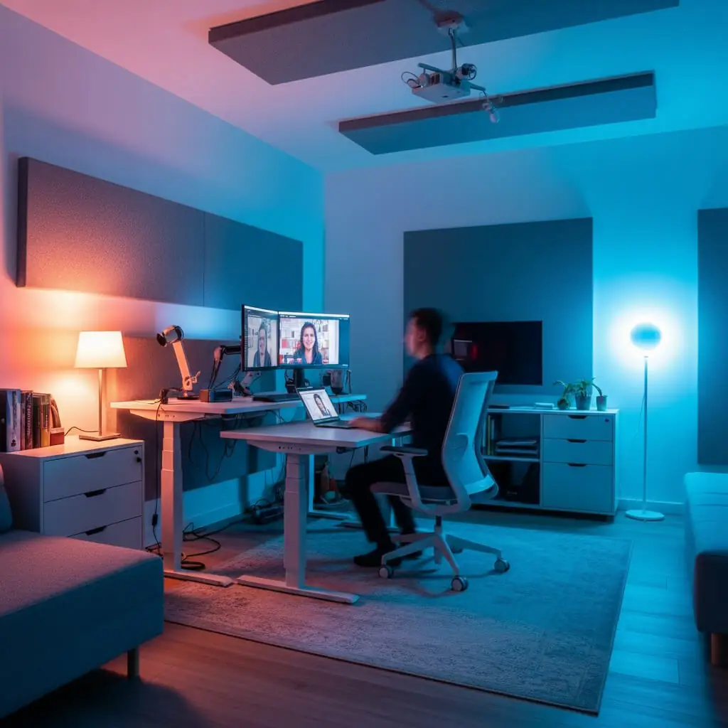 Personne travaillant dans un bureau à domicile minimaliste avec éclairage dynamique et panneaux acoustiques, lors d'un appel vidéo.