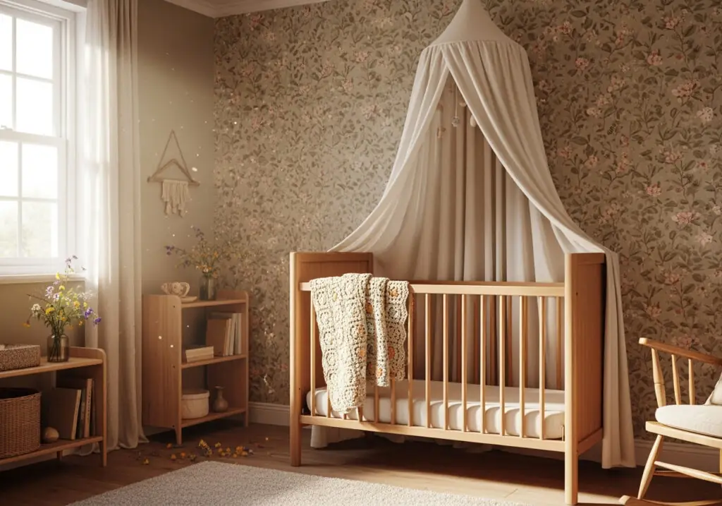 Sunlit nursery with crib draped in a white canopy against floral wallpaper.
