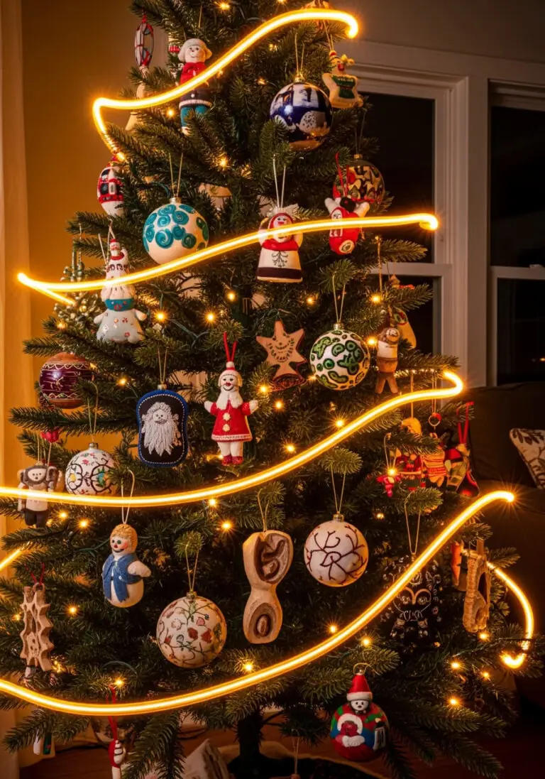 Close-up of a Christmas tree featuring charming, folk-art inspired ornaments including gingerbread men, wooden toys, and felt angels, lit by soft fairy lights.