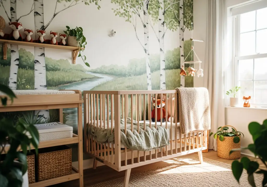 Beechwood crib in front of a birch forest mural with fox toys and woven baskets.