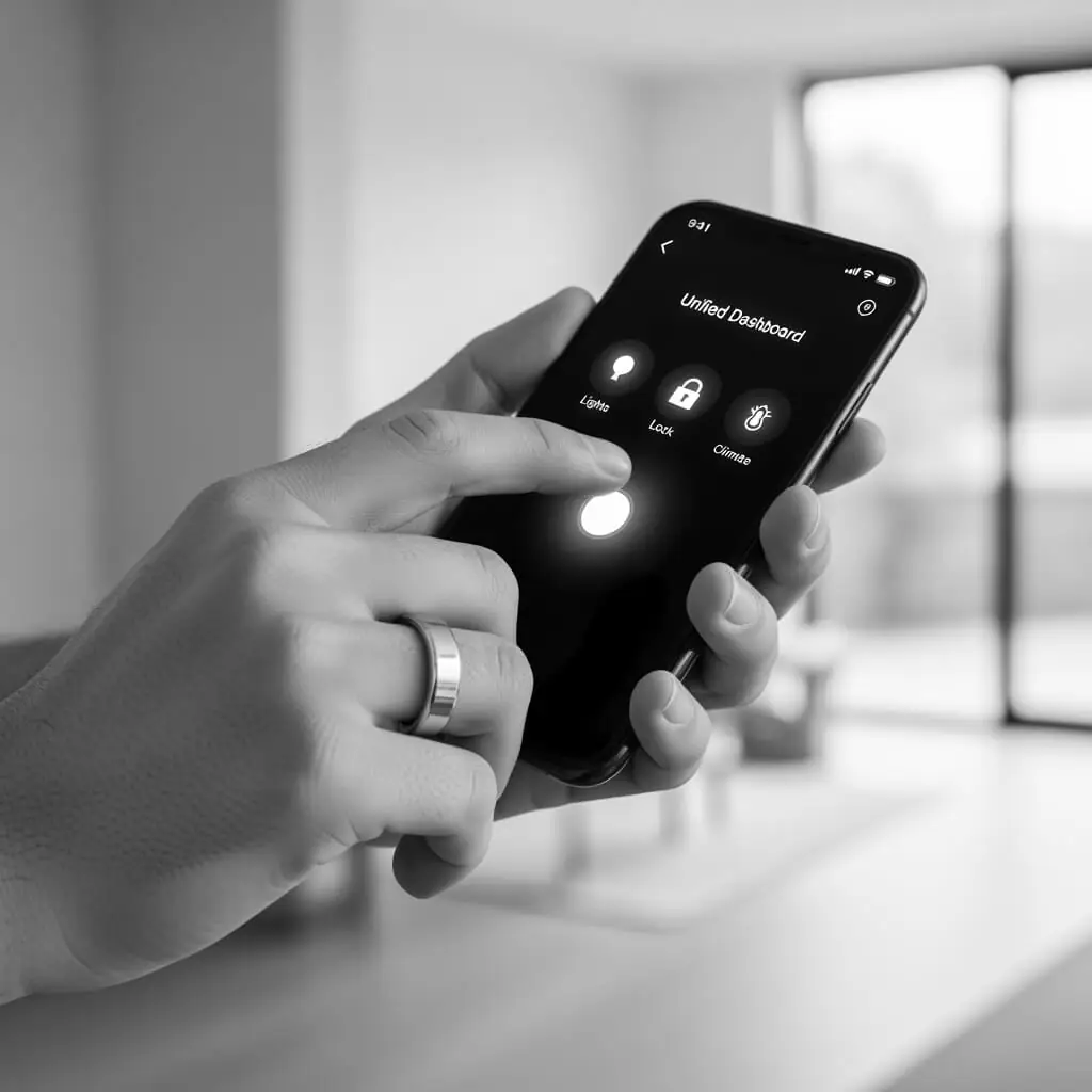Gros plan d'une main portant une bague intelligente et tenant un smartphone affichant un tableau de bord de contrôle unifié de la maison intelligente.