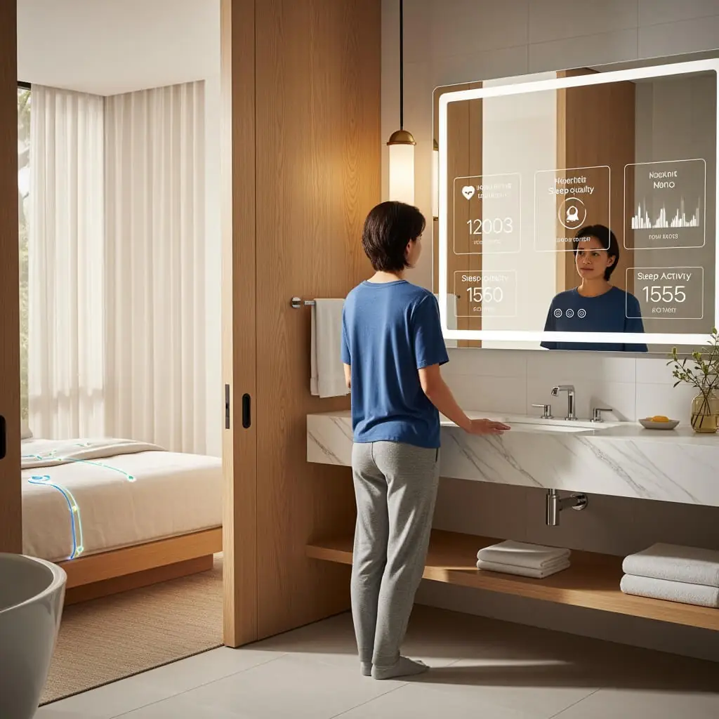 Personne consultant des indicateurs de santé sur un miroir de salle de bain intelligent, avec un lit affichant des capteurs biométriques.
