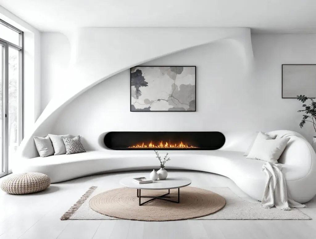 Cheminée sculpturale en béton poli blanc aux lignes fluides, parfaitement intégrée à une banquette incurvée encastrée.