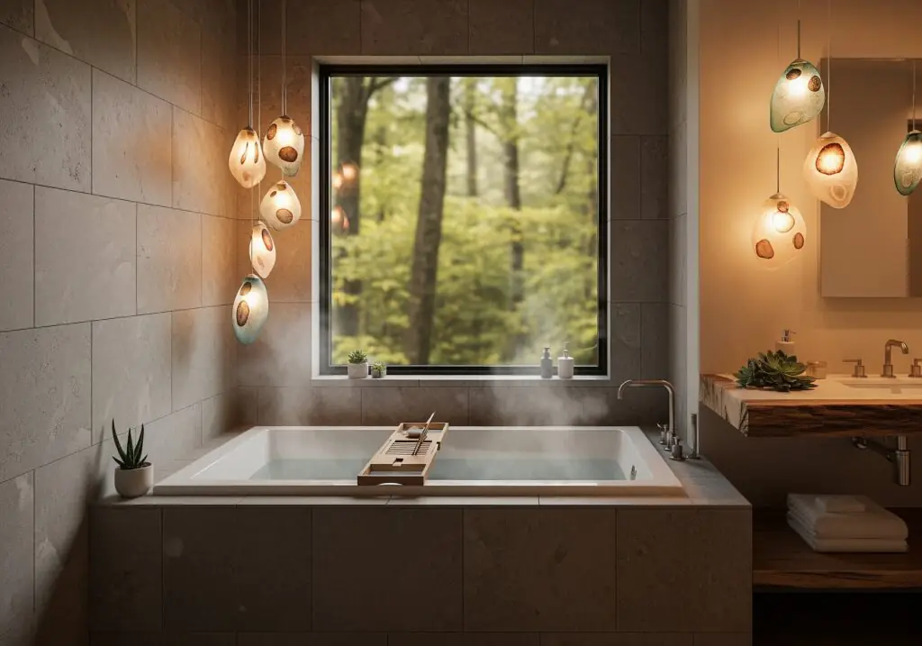 Une série de suspensions en verre organique en forme de gousse (ambre/vert mousse) suspendues au-dessus d'une salle de bains spa minimaliste carrelée de pierre et d'une baignoire autoportante, mêlant la lumière à la nature et mettant en valeur les accents de bois brut.