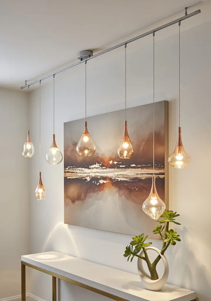 Système de rails linéaires composé de suspensions en verre soufflé à la main, réglables et en forme de larme organique, illuminant une console minimaliste et des œuvres d'art abstraites dans une entrée baignée de lumière.