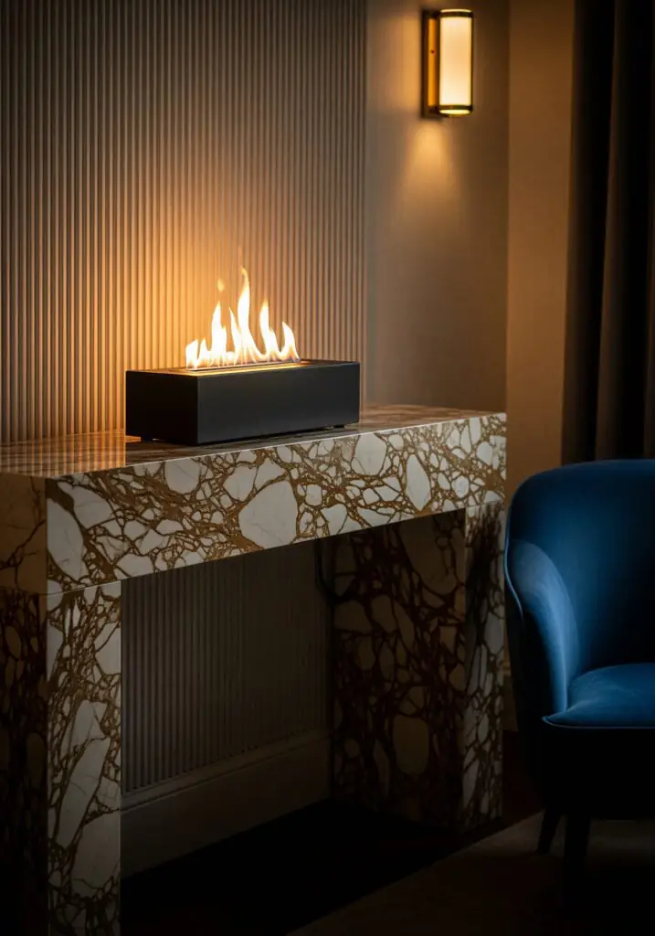 Petite cheminée de table moderne au bioéthanol avec un boîtier en verre, placée sur une console en marbre dans un salon raffiné.