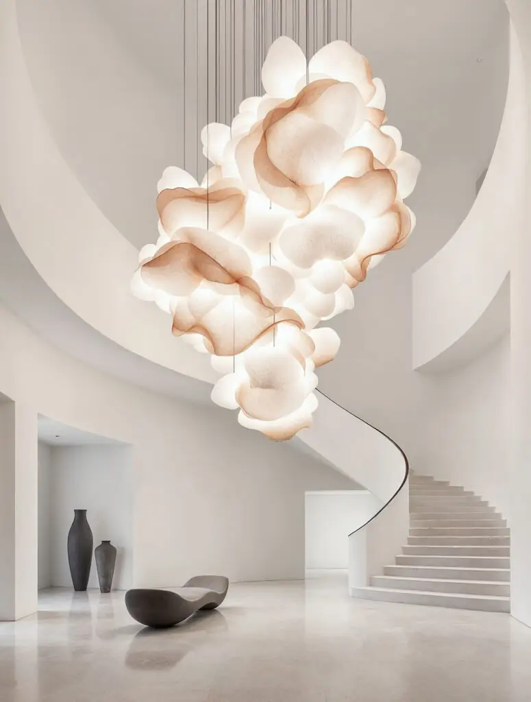Un lustre spectaculaire, évoquant un nuage, composé de verre dépoli et de treillis métallique froissé, cascade au-dessus d'un escalier incurvé dans un hall d'entrée minimaliste à double hauteur avec sols en béton poli, illustrant l'éclairage sculptural de 2026 comme œuvre d'art.