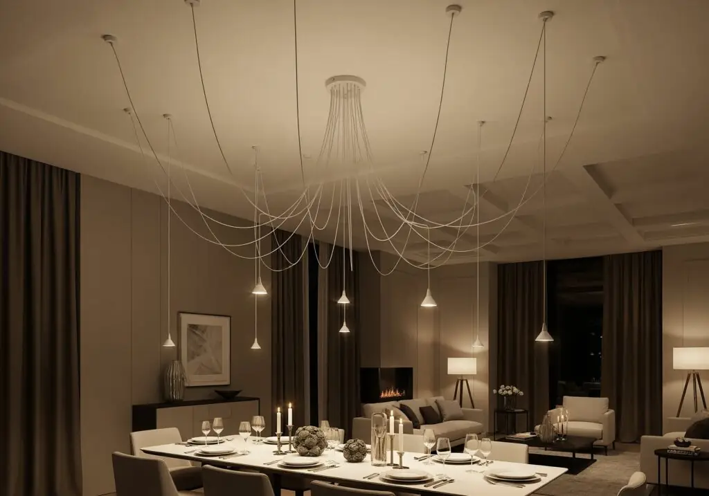 De nombreux câbles fins, munis de petits pendentifs minimalistes identiques, partent d'un point unique, créant un effet de « constellation » qui unifie un espace de vie et salle à manger ouvert.