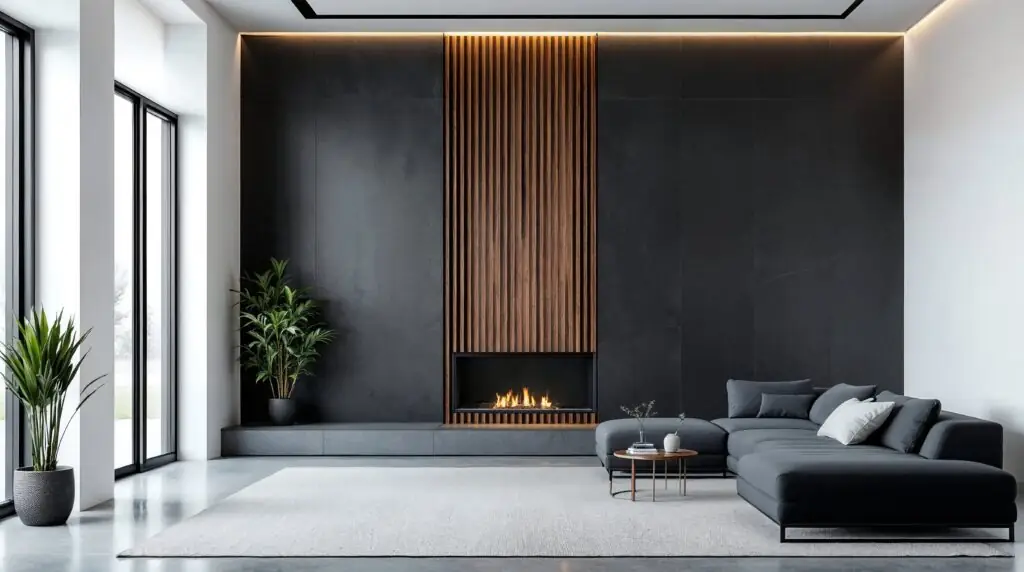 Cheminée verticale haute intégrée à un mur décoratif composé de panneaux alternés de lattes de bois de noyer et de porcelaine mate foncée.
