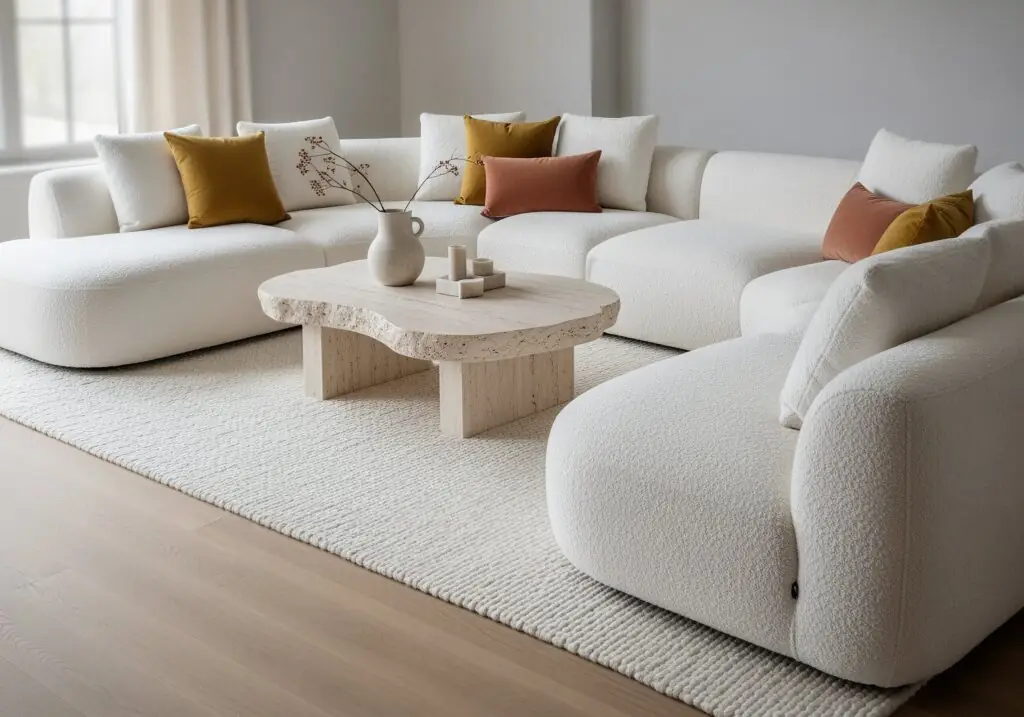 Salon minimaliste et lumineux avec un canapé d'angle incurvé en tissu bouclé blanc, des coussins décoratifs moutarde et terre cuite, un tapis texturé crème et une table basse en travertin aux formes organiques surmontée d'un vase en céramique et de bougies.