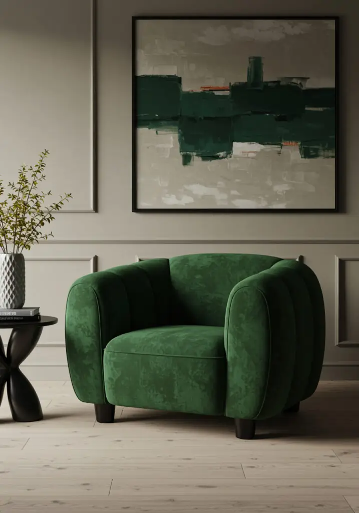 Un fauteuil club en velours vert émeraude moelleux, aux accoudoirs arrondis, dans une pièce aux boiseries neutres, associé à une table d'appoint noire supportant un vase texturé et des livres, et à une grande peinture abstraite aux accents verts au-dessus.
