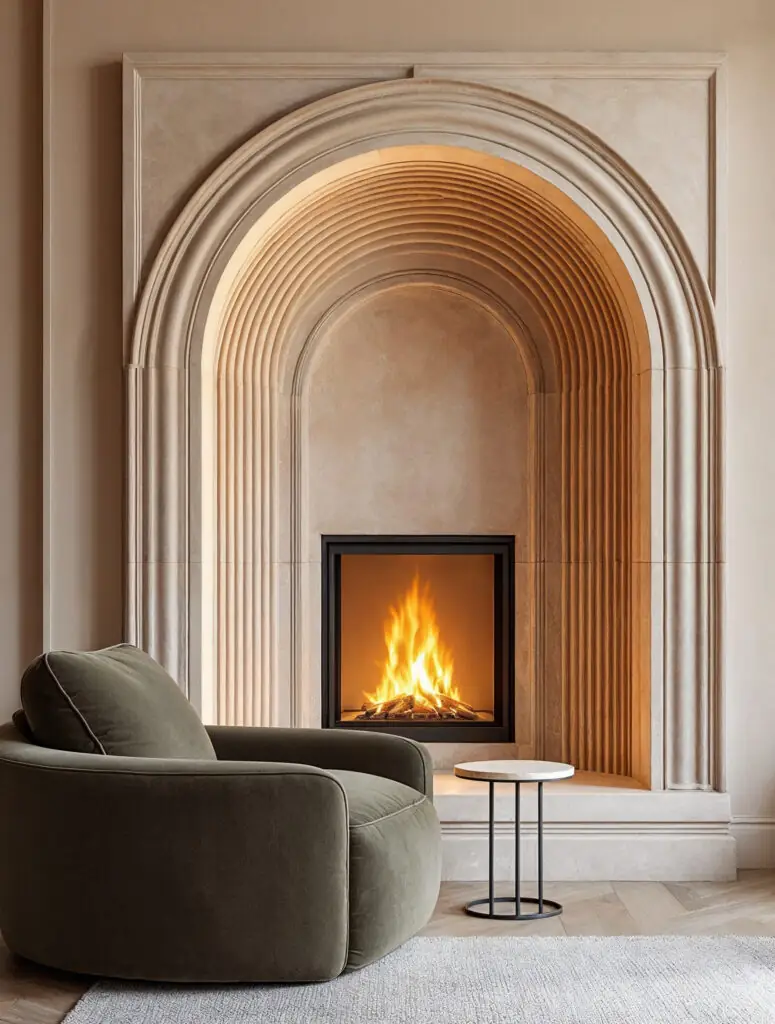 Cheminée intégrée à une arche en pierre calcaire naturelle claire, profondément cannelée, créant un coin lecture cosy et sculptural.