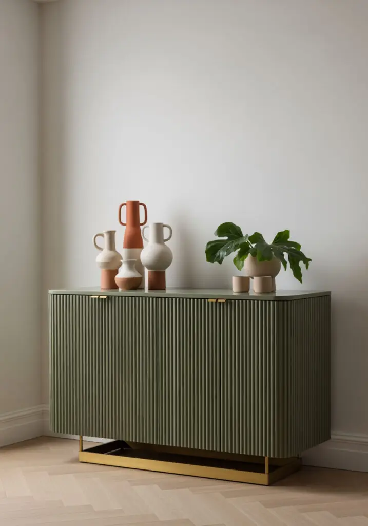 Intérieur minimaliste présentant un buffet côtelé en eucalyptus chaud sur une base en laiton, surmonté de vases en terre cuite texturée et en céramique crème et d'une feuille de monstera en pot, le tout sur un mur aux tons neutres et clairs.