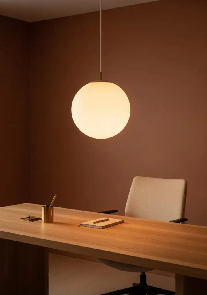 Suspension unique et surdimensionnée, dotée d'un diffuseur ovale en plâtre ou en verre mat et opaque, suspendue au-dessus d'un simple bureau en bois dans un bureau à domicile paisible aux tons chauds.
