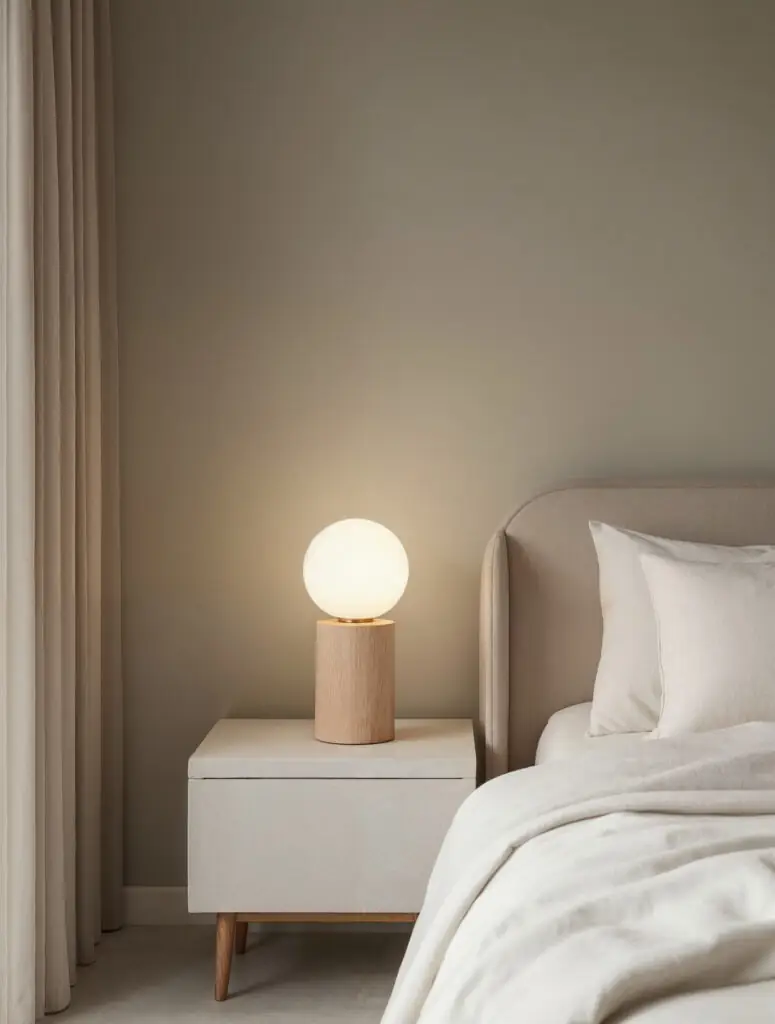Lampe de chevet avec un socle en bois clair finement sculpté ou en céramique mate et un abat-jour sphérique en verre dépoli, diffusant une lumière douce et chaude dans une chambre sereine aux tons neutres.