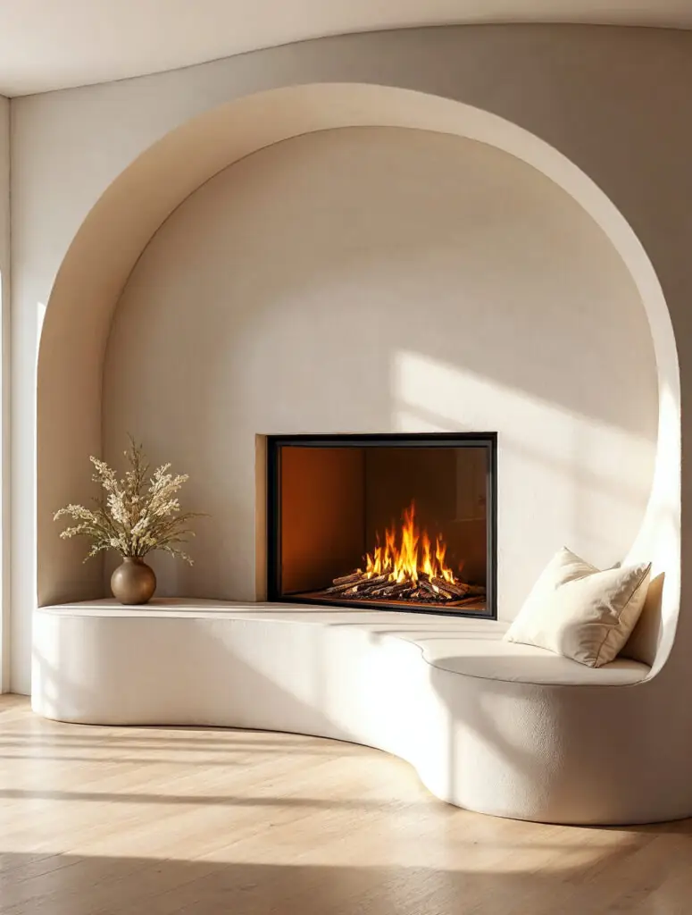 Cheminée de grande largeur intégrée à une structure basse et incurvée en microciment, avec banquette intégrée et sans joint apparent, dans un ton beige crème.