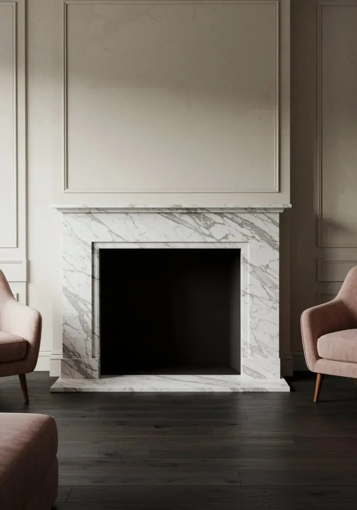 Cheminée surdimensionnée en marbre blanc aux lignes épurées et épaisses, installée dans un salon lumineux et élégant.