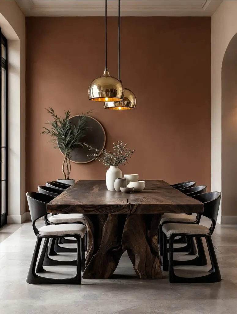 Salle à manger baignée de soleil avec une grande table en bois foncé à bords naturels et un piètement sculptural, entourée de chaises noires incurvées aux coussins clairs, de suspensions en laiton en forme de dôme, d'un mur d'accent en terre cuite, d'un miroir mural rond et de vases en céramique minimalistes.