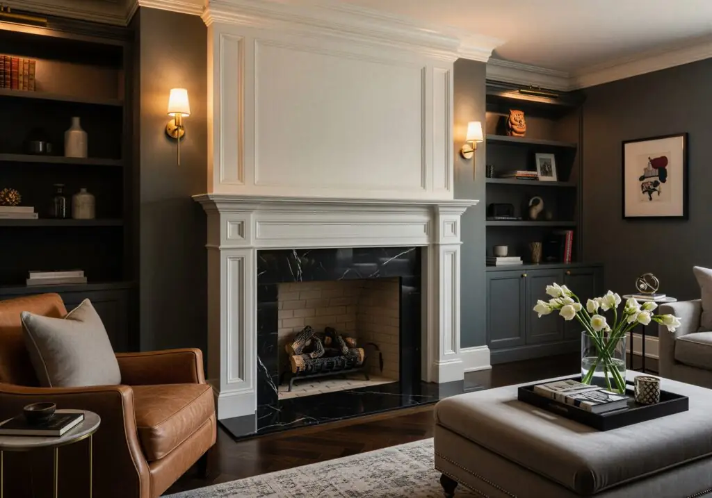 Cheminée classique en bois blanc avec une moulure discrète, entourant un foyer en marbre noir, sur un mur bleu indigo profond.