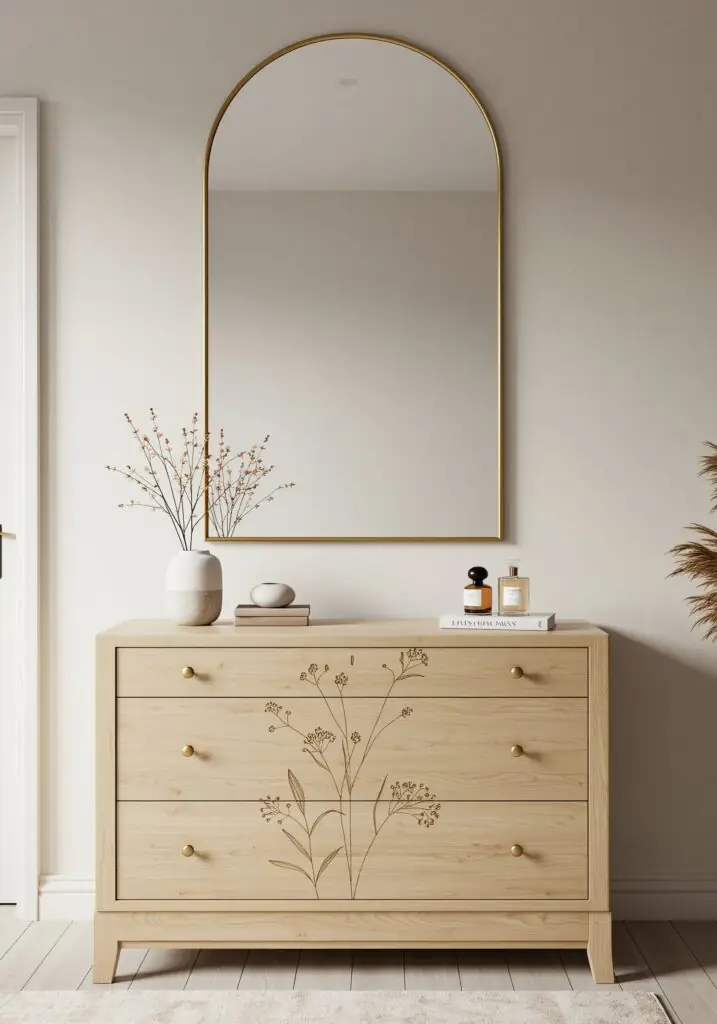 Scène d'entrée minimaliste mettant en scène une commode à trois tiroirs en chêne clair ornée de délicats motifs floraux gravés et de boutons en laiton, surmontée d'un grand miroir arqué à cadre doré, d'un vase en céramique contenant des tiges séchées, de livres empilés et de flacons de parfum, le tout sur un mur aux tons neutres et doux.